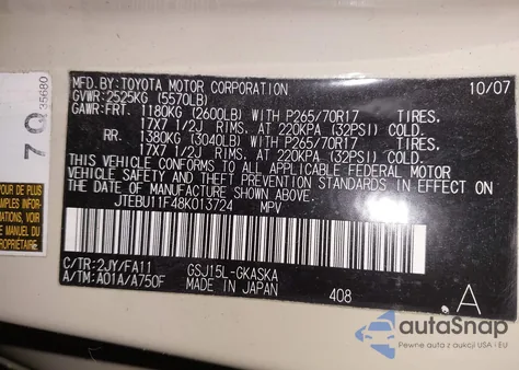 2008 Toyota Fj Cruiser from USA, damaged, VIN JTEBU11F48K013724